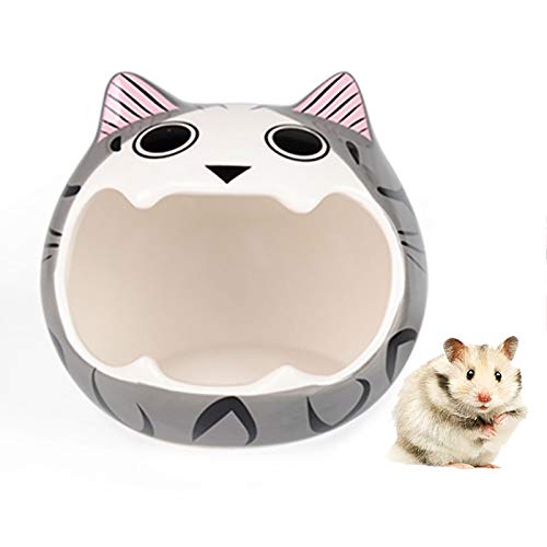 Small Animal Pet House, Grey Cat Shape Ceramic Hideout Hut Cave Summer Cool Small Animal Nesting Habitat Cage for Hamster