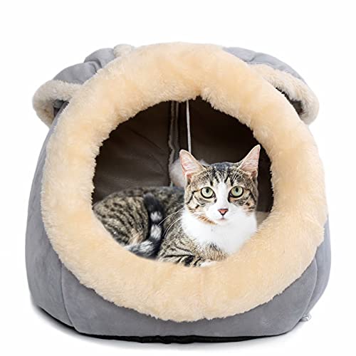 Small Dog Bed with Anti-Slip Bottom, Rabbit-Shaped Cat/Small Dog Cave with Hanging Toy, Puppy Bed