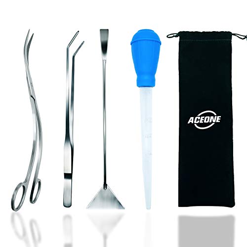 Stainless Steel Aquarium Tool Set with Wave Scissors, Tweezers, Spatula, Squirt Feeder, PH Tester for Fish Tank