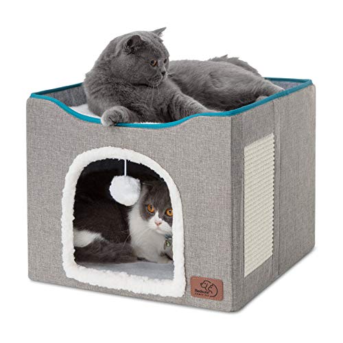 Cat Bed for Indoor Cats -Large Cat Cave for Pet Cat House with Fluffy Ball Hanging and Scratch Pad