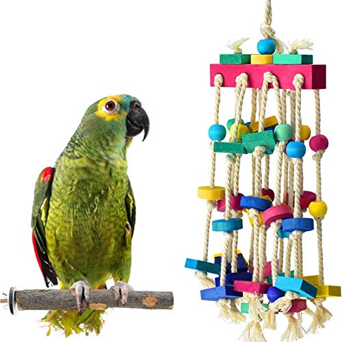 Bird Chewing Toy with Bird Perch Nature Wood Stand, Parrot Cage Bite Toys