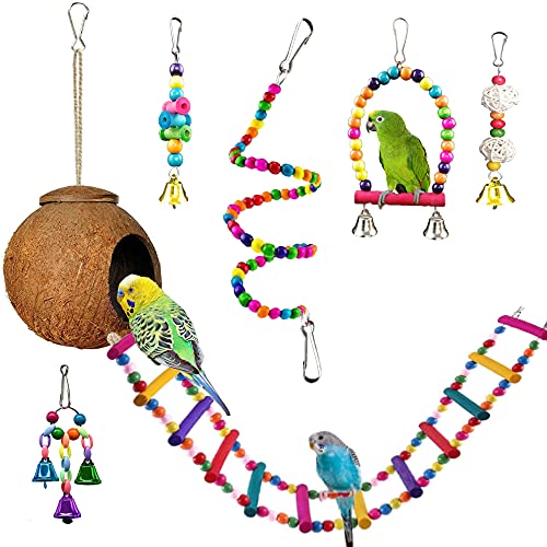 Natural Coconut Hideaway with Ladder Small Bird Parrot Swing Chewing Toys Bird Toys for Parakeets