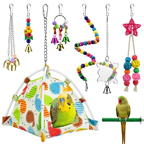 Bird Parrot Toys, Bird Nest Hut Hanging Habitat Tent Colorful Wood Beads Hanging Mirror