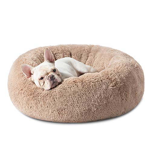 Bedsure Calming Dog Bed for Small Dogs - Donut Washable Small Pet Bed, 23 inches Anti Anxiety Round Fluffy Plush Faux Fur Cat Bed, Fits up to 25 lbs Pets, Camel