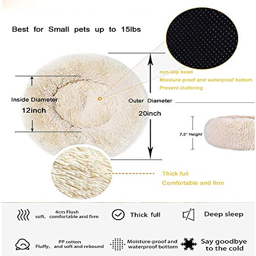 Washable Donut Cat and Dog Bed,Soft Plush Pet Cushion,Waterproof Bottom