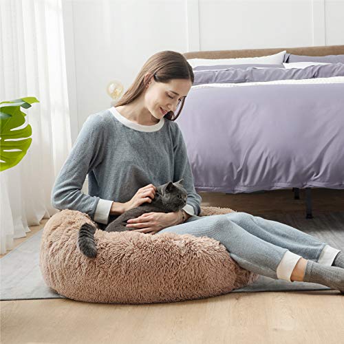 Bedsure Calming Dog Bed for Small Dogs - Donut Washable Small Pet Bed, 23 inches Anti Anxiety Round Fluffy Plush Faux Fur Cat Bed, Fits up to 25 lbs Pets, Camel