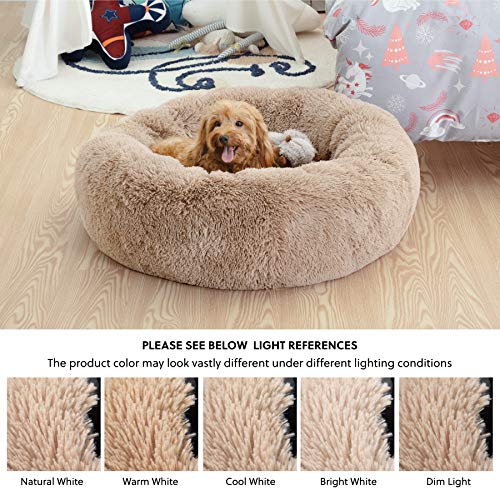 Bedsure Calming Dog Bed for Small Dogs - Donut Washable Small Pet Bed, 23 inches Anti Anxiety Round Fluffy Plush Faux Fur Cat Bed, Fits up to 25 lbs Pets, Camel