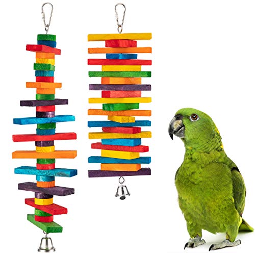 MEWTOGO 2Pcs Bird Parrot Chewing Sticks Toys- Multicolored Natural Wooden Blocks Suggested for Conures, Parakeets, Cockatiels, Lovebirds, African Grey and a Variety of Amazon Parrots