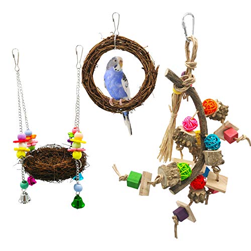 Bird Parrot chew Climbing Swings and Other All-Natural Wood Branch Bird Toys, Suitable for Small