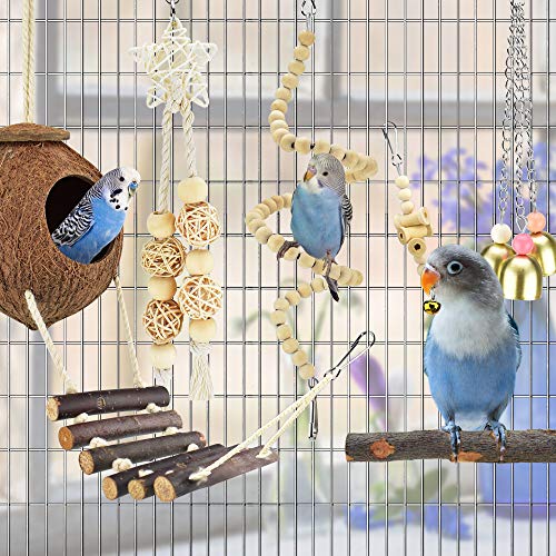Natural Wood Coconut Bird House with Ladder Hanging Swing Pet Climbing Rotated Ladder Chewing Bells Bird Toys