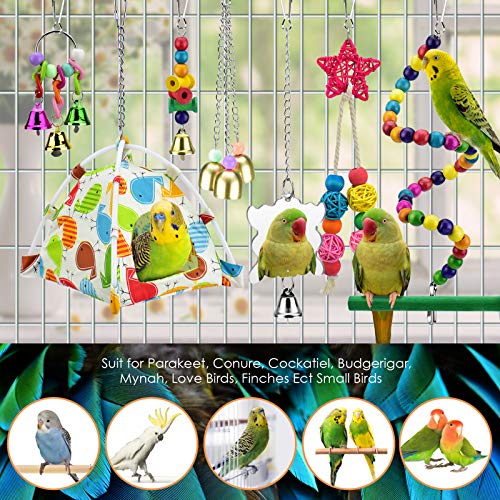 Bird Parrot Toys, Bird Nest Hut Hanging Habitat Tent Colorful Wood Beads Hanging Mirror